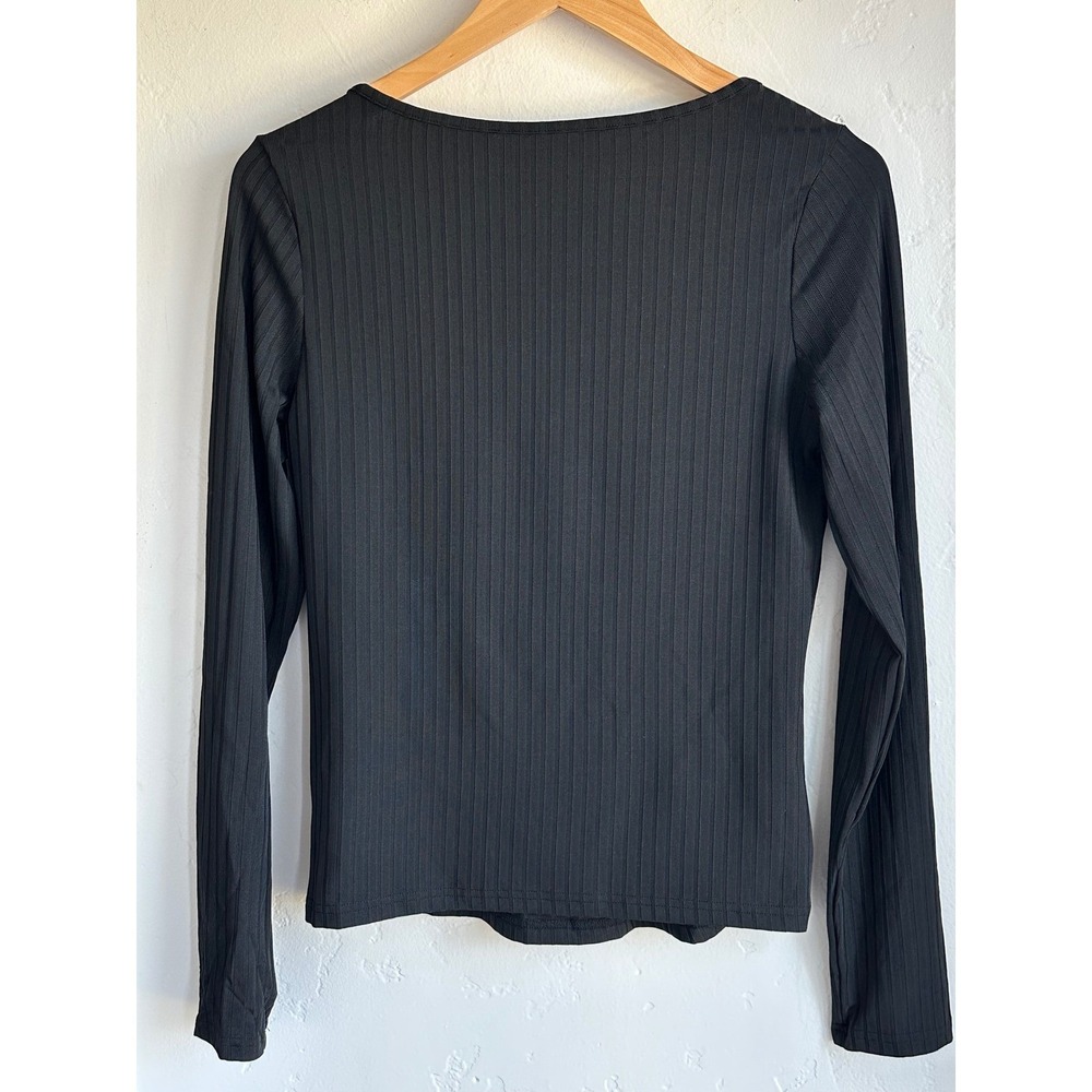 New Women's Onyx Split Neck Long Sleeve Tee Black Ribbed Top Size Large Goth - Picture 4 of 9